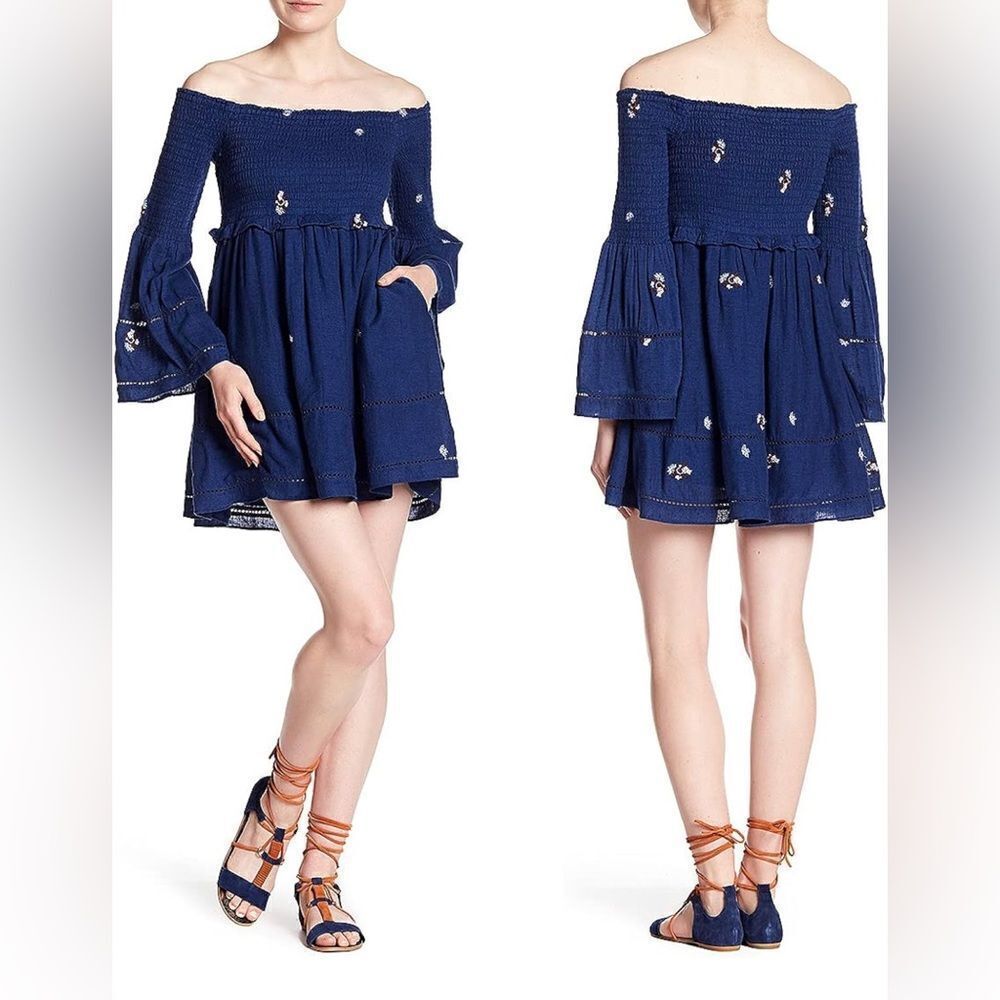 FREE PEOPLE Counting Daisies Embroidered Off The Shoulder Mini Dress Navy S